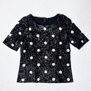 J Crew Sequin‎ Polka Dot Top Womens Small Black Short Sleeve Party Blouse